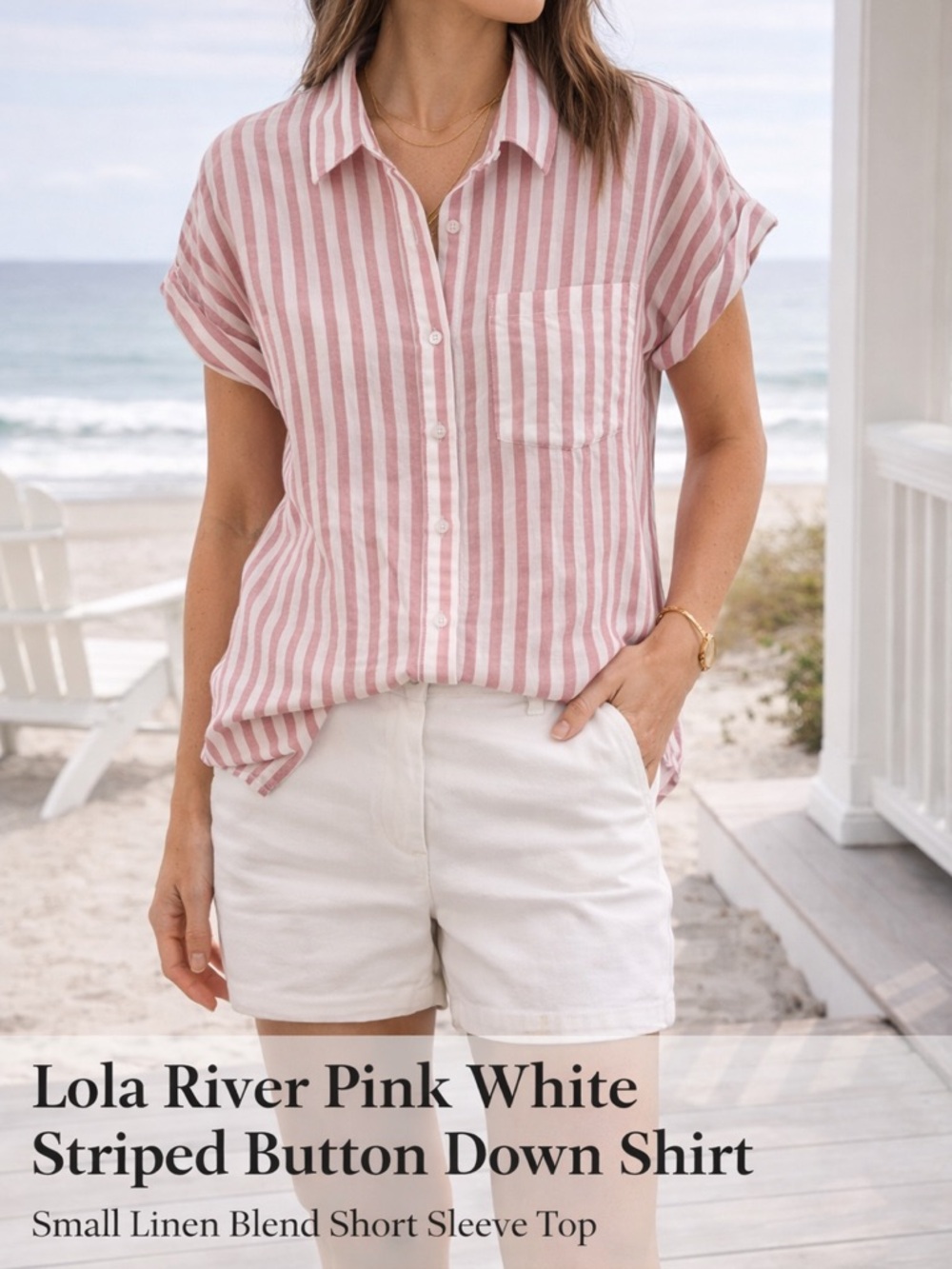 Lola River Pink White Striped Button Down Shirt Small Linen Blend Short Sleeve